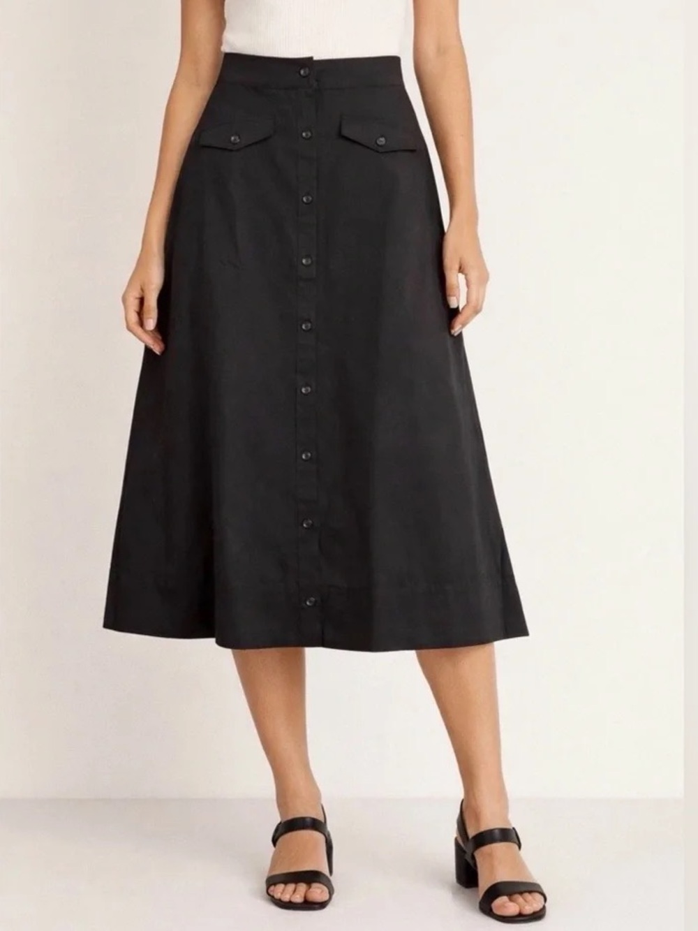 Tuckernuck A-Line Button Front Midi Skirt Pockets Academia Black Size 10 NWT